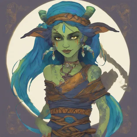 One small, female goblin with greenish yellow skin. Her eyes are gray blue, and she has straight, dark blue hair. She wears a hide style tribal outfit, befitting of a tribal alchemist. It consists of a tribal crop top and a tribal style long skirt with a s...