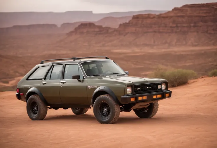 Um closeup de um AMC Eagle SX4, com rack de teto, estribos nas laterais, Competition Accessories (( pneus grossos e altos)) rodas preta de off-road, quebra mato frontal((( Estilo militar))), trending on vehicle design, dominance, corpo inteiro, corpo intei...