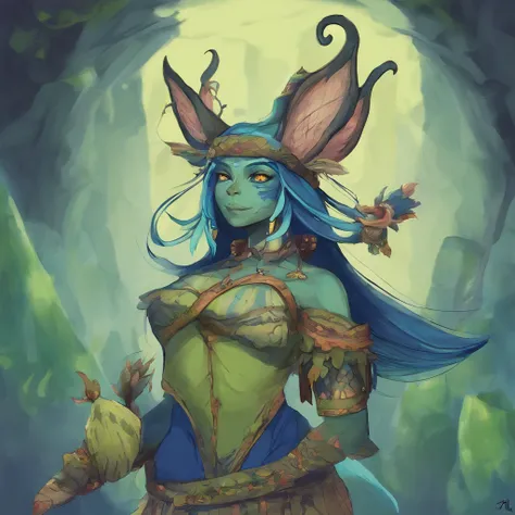 One small, female goblin with greenish yellow skin. Her eyes are gray blue, and she has straight, dark blue hair. She wears a hide style tribal outfit, befitting of a tribal alchemist. It consists of a tribal crop top and a tribal style long skirt with a s...