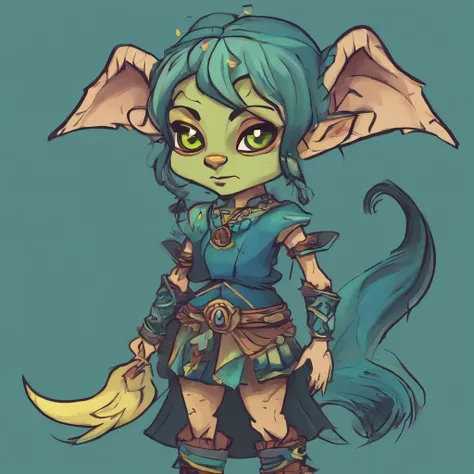 One small, female goblin with greenish yellow skin. Her eyes are gray blue, and she has straight, dark blue hair. She wears a hide style tribal outfit, befitting of a tribal alchemist. It consists of a tribal crop top and a tribal style long skirt with a s...