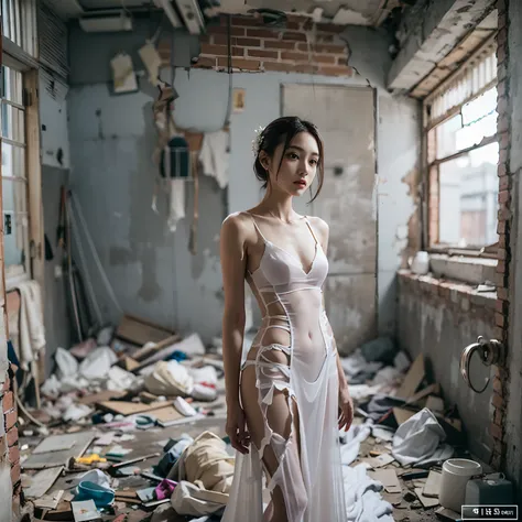 abandoned Toilet，White transparent silk tight wedding dress，Few clothes，Extreme exhibitionism，Sexy Standing Pose，Garbage all over the ground，unclean，dilapidated，devastated，best qualtiy，portrait of a full body（1：1），delicated face，a 18 year old girl，lean and...