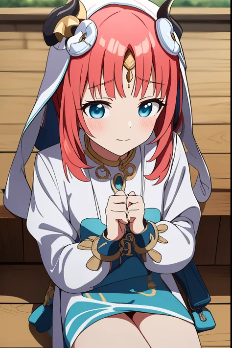nilou (genshin impact), , herida,protegiendose,siendo atacada, tirada en el piso ,gritando por ayuda, 1girl, capa, culo, cuernos, rubor, flequillo, guanteletes de novia, jewely, mangas separadas, muslos, ombligo, labios entreabiertos, ropa reveladora, solo...