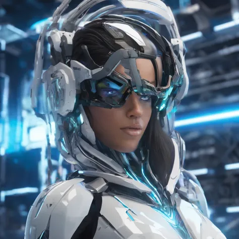 ((Best quality)), ((masterpiece)), (highly detailed:1.3), 3D,rfktr_technotrex, beautiful cyberpunk woman with voluminous hair,(wearing head-mounted display that is chunky and hi-tech:1.2),hacking a computer terminal, computer servers, LCD screens, fiber op...