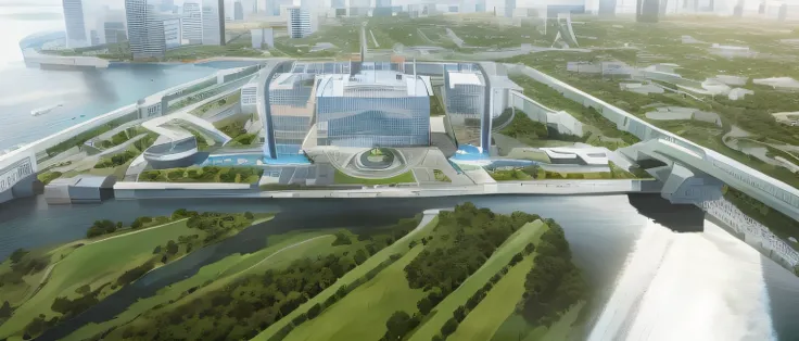 aerial view of a city with a river and a bridge, medical research facility, research complex, sharp hq rendering, hq very detail...