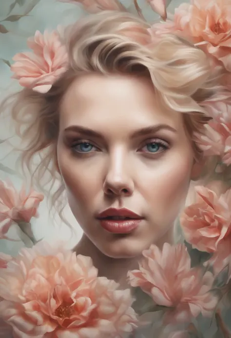 Scarlett Johansson in A botanical masterpiece in the style of Marco Mazzoni, detailed, hyper-realistic, front view, elemets of symbolism and surrealism, a painting by mse a attractive seductive Scarlett Johansson by agnes cecile, luminous design, pastel co...