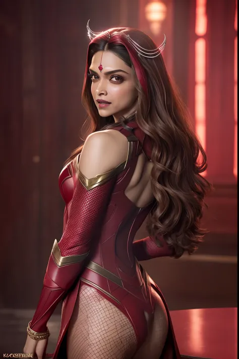 ((Deepika Padukone as Scarlet Witch)), (realistic:1.4), (photorealistic), full body, sexy costume, highly detailed, 35mm, 8k, ((sexy)), (erotic), cleavage, nipple,  (Cinematic), (8k)