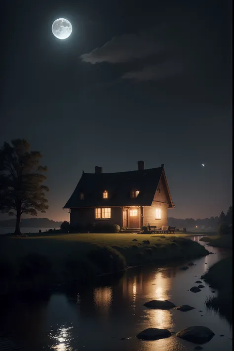 moonlit night, simple house with a chimney on the edge of a creek