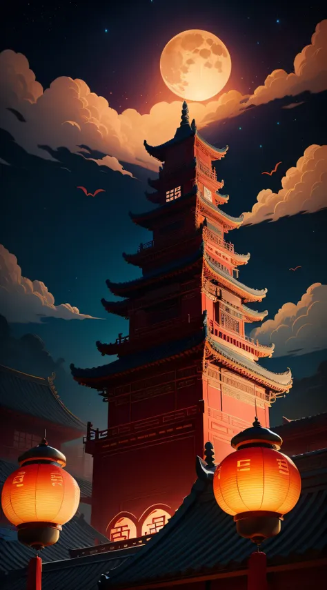 Mid-Autumn Festival，Moon cake， Auspicious clouds, Red lanterns, Exquisite ancient Chinese architecture, In the background is a huge moon, With vector line illustration, amarelo、Red and dark blue tones, Abstract picture, No Man，No Man，No Man，surrealism, Cle...