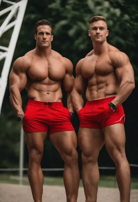 there are two men standing next to each other in underwear, absurdly massive physique, massive muscles, extremely muscular, big muscle, absurdly muscular physique, hgh, huge muscles, tall, perfect and proportional body, wearing red shorts, tall and small, ...