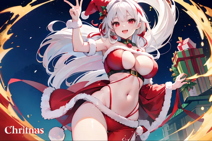 Best quality, Extremely detailed, anime big breast, Extremely cute and beautiful face, (extremely detailed eye:1.4), 1girl in, Solo, Laughing, standing, Dynamic Angle, Santa Claus hat, Red eyes, (double tails:1.2), White hair, Christmas tree, Christmas, At...