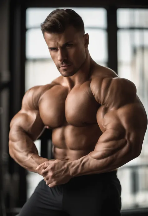 a close up of a man flexing his muscles in a room, posing and flexing, flexing large muscles, very muscly, flexing, muscled, beefcake pose, extremely muscular, exaggeratedly large physique, showing off biceps, muscular gigachad benediction, absurdly muscul...