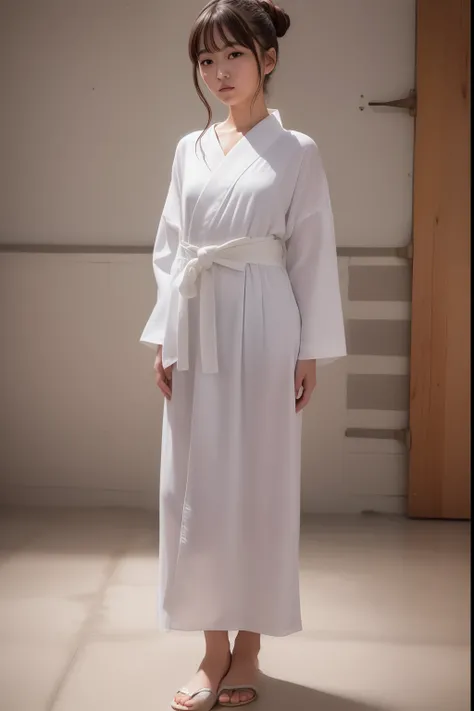 ((Masterpiece,Best quality, high resolution)), 1girll, Solo, The light is gentle，1 girl in a gray yukata，white sash，burlap，Female prisoners，With a petite figure，brunette color hair，hair-bun，Stand in a gloomy prison，stand posture，Full body like，Painful expr...