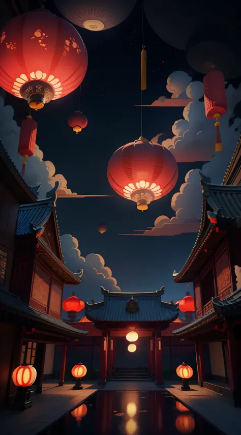 Mid-Autumn Festival,Moon cake, Auspicious clouds, Red lanterns, Exquisite ancient Chinese architecture, In the background is a huge moon, With vector line illustration, amarelo、Red and dark blue tones, Abstract picture, No Man,No Man,No Man,surrealism, Cle...