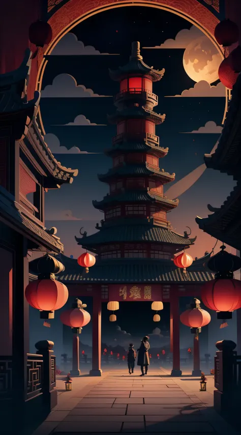 mid-autumn festival，moon cake， auspicious clouds, red lanterns, exquisite ancient chinese architecture, in the background is a h...