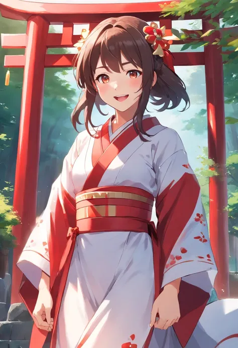 Japanese shrine maiden,, Personal profile picture, Japan women,kawaii!, profile photo, trending photo, , Wearing a white and red priestess costume, full-body xianxia, gorgeous woman,  Japan Girl,Facing the front、Laughing with open mouth,a smile