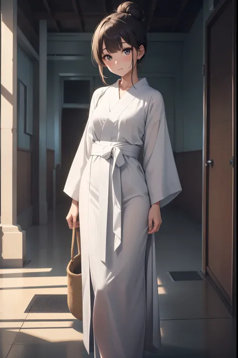 ((Masterpiece,Best quality, high resolution)), 1girll, Solo, The light is gentle，1 girl in a gray yukata，white sash，burlap，Female prisoners，With a petite figure，brunette color hair，hair-bun，Stand in a gloomy prison，stand posture，Full body like，Painful expr...