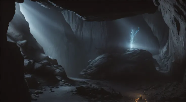 There was a man standing in a cave，There is light coming from the top, Inspired by Michal Karz, inspired by Michał Karcz, photorealistic dark concept art, A creepy cave, Unreal Engine renders concept art, unreal engine 5 render dramatic, jessica rossier fa...