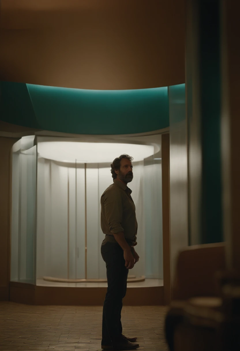 Homem com barba e camisa xadrez em frente a uma janela, noite, Metatron, olhar desleixado, Screenshot of a cinematographic, In a cinematographe by Denis Villeneuve, uma foto de um homem desgrenhado, Denis Villeneuve cinematographs, # Film, homem maltrapilh...