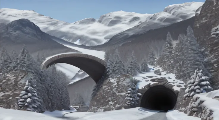 There is a tunnel that is entering the mountains，There is snow on the ground, realistic matte painting, hyperrealistic matte painting, hyperdetailed 3d matte painting, hyperdetailed 3d matte painting, Crazy meticulous matte painting, highly detailed matte ...