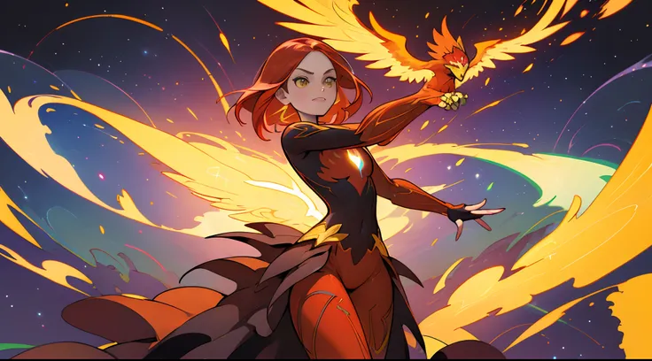 Phenix, Jean Grey, (melhor qualidade, obra-prima), 1girl, galaxy, purpurina, vestido, Particle, vento, flor, parte superior do corpo, fundo escuro simples, olhando para o espectador, loira,