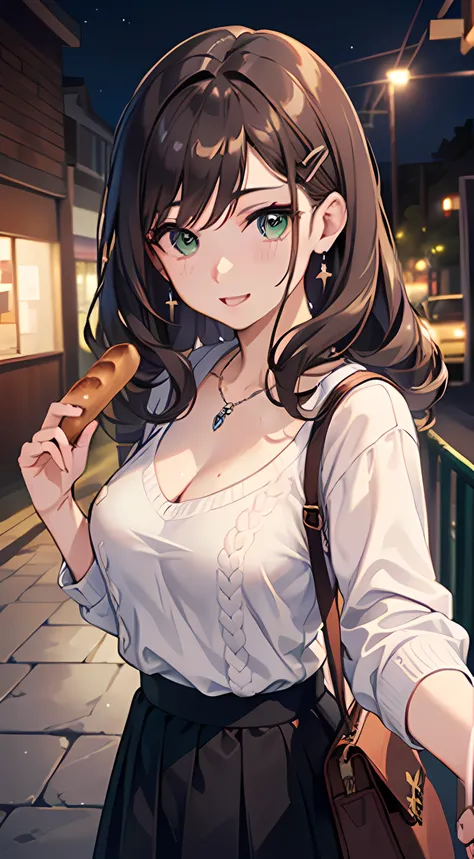 ((masterpiece, best quality, highres, UHD, perfect pixel, depth of field, 4k, RTX, HDR))), 1girl, single, solo, beautiful anime girl, beautiful artstyle, anime character, 24 years old, ((long hair, bangs, dark brown hair, curly hair:1.2, hair pin)), ((deta...