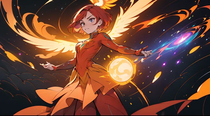 Phenix, Jean Grey, (melhor qualidade, obra-prima), 1girl, galaxy, purpurina, vestido, Particle, vento, flor, parte superior do corpo, fundo escuro simples, olhando para o espectador, loira,