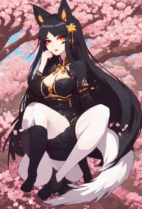 ((Goth Kitsune girl)) with ((Long straight black Hair)) and ((Kitsune Tails)) ((light yellow eyes)) and ((hyper Breasts)) and ((massive waist)), ((full-length portrait)), ((sitting down on a cherry blossom tree doing something sexy)), ((wear massive diaper...