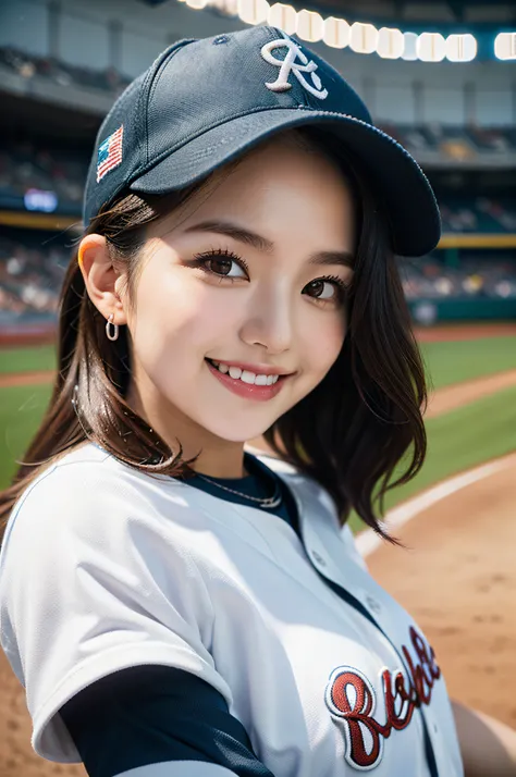 captura "Eri Kamei" In the attire of a major league baseball player. She should wear a classic baseball uniform, Confidently grip the bat. The scene is、Should reflect the vibrant atmosphere of a Major League Baseball game, Smiling while emphasizing white t...