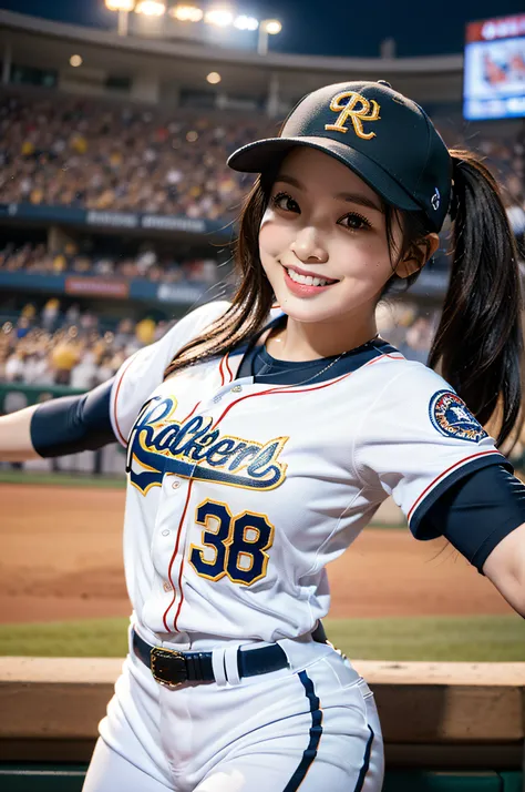 captura "Eri Kamei" In the attire of a major league baseball player. She should wear a classic baseball uniform, Confidently grip the bat. The scene is、Should reflect the vibrant atmosphere of a Major League Baseball game, Smiling while emphasizing white t...