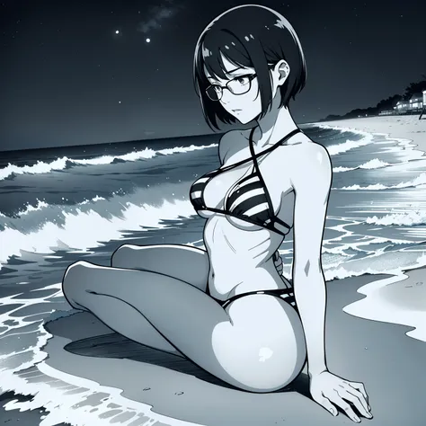 ((ink style, pencil drawing, sketch, black and white)) short hair, 1 girl, wearing glasses bikini, striped swimsuit, The sea breeze caresses her skin as she listens to the soothing whispers of the waves, The constellations form patterns that seem to tell s...