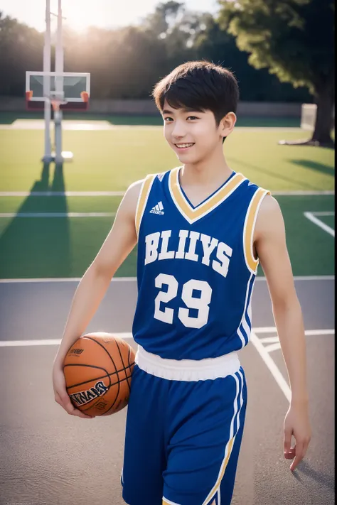 1 boy、1人、Basketball Uniforms、A slight smil、Turn around、Looking into the distance、a cool、An ultra-high picture quality、top-quality、​masterpiece、18year old、the morning sun、twinks、Desportivo