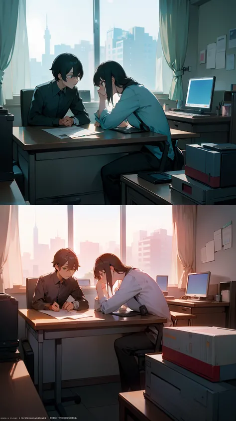 ((Masterpiece,Best quality,modern)), Screen description：
In the picture，Two people can be seen sitting at a desk，They face each other seriously，Focusing on a file or project。The desktop is littered with various documents and notebooks，Shows what theyre wor...