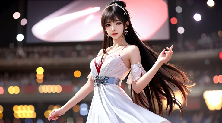 Best quality，tmasterpiece，A high resolution，CG，1girll，long whitr hair，shift dresses，Eau，独奏，jewely，white dresses，耳Nipple Ring，hair adornments，The upper part of the body，hair-bun，brunette color hair，illuminating，Frankness，photore，A high resolution，4k，8k，boke...