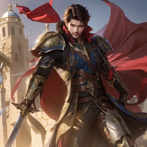 imagem arafed de um homem em armadura segurando uma espada, por Yang J, Graphic artist Magali Villeneuve, Arsen Lupin como um paladino, Directed by: Zhou Chen, casimiro arte, g estilo de arte liuliano, Conceito de personagem do Shadowverse, arte de fantasi...