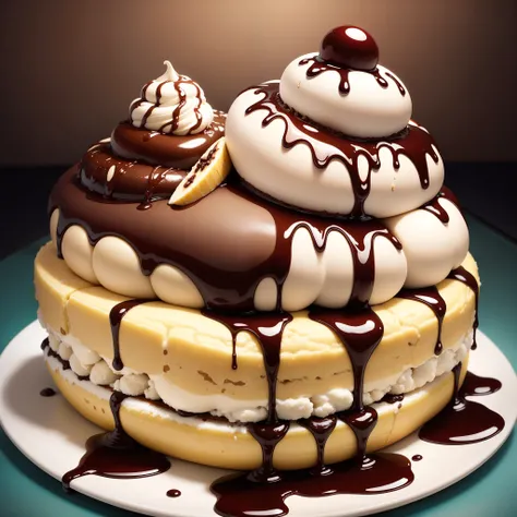 large banana split sundae, covered with chocolate sauce and fudge, with various flavors of ice cream