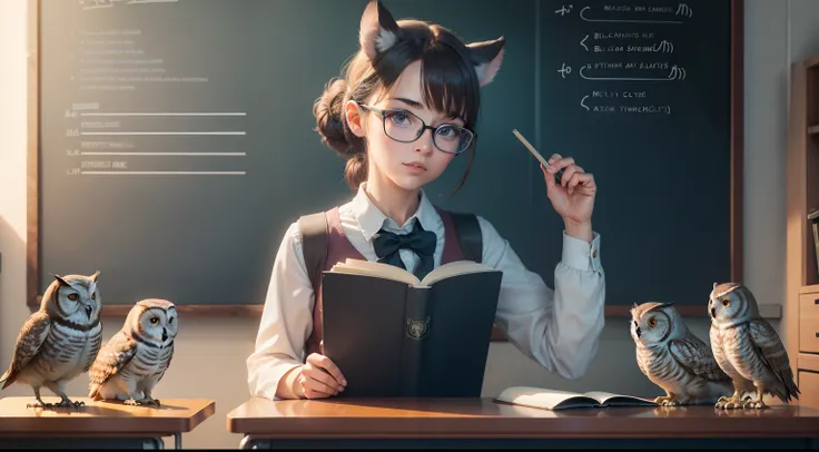 best qualtiy，8K Ultra Clear，Photographically real，Realisticstyle，3d，Animal School，Owl teacher with glasses holding a book in front of a blackboard lecturing，Animal students sit in classrooms for lessons，Puppy students，Mouse students，Chick Student，an anthro...