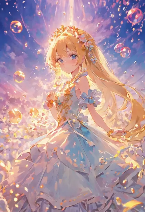 Under the blue-pink sky, blue-eyed maiden, beautiful wedding dress, golden light shining, flowers, bubbles