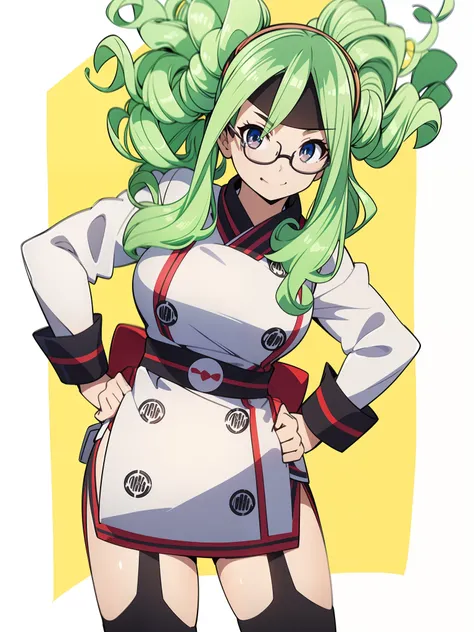 Half body to thigh, night in streets of New York, a japanese woman, she wear a white chef outfit with training pants, she has long green hair in a twintail, Curly hair, dynamic pose, standing centered in front to camera, cute and adorable, drawing style, d...