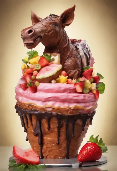 An ice cream with pork belly-shaped ice cream on top, strawberries, watermelon, pineapple, chicken leg cake, crocodile-shaped cake, horse-shaped cake, whale-shaped cake, a thick layer of chocolate on top, very beautiful, very delicious