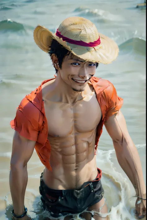 luffy, straw hat, 1boy, male focus, solo, hat, black hair, smile, looking at viewer, shirt, grin, scar, water, orange eyes, dirty, open clothes, collarbone, white shirt, short hair