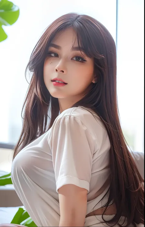 (8k, RAW photos, top quality, masterpiece: 1.2), (realistic, photorealistic: 1.37), (High Quality), (Ultra realistic), (High Details), (Face detail), (Shadow Detail), ((gigantic huge bresat : 1.5)), solo, 1 girl, brown hair, long hair, white shirt, pink li...