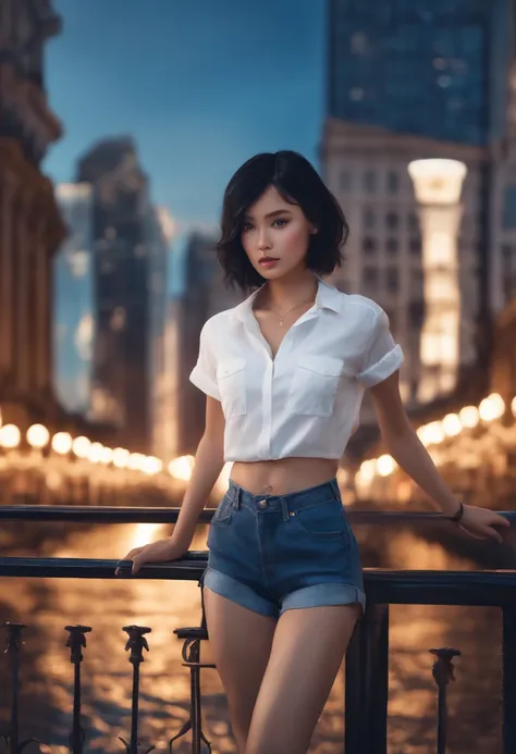 1girl, short black hair, blue eyes, wearing plain white shirt, denim shorts, city, absurdres, high res, ultrasharp, 8K, masterpiece, looking at viewer