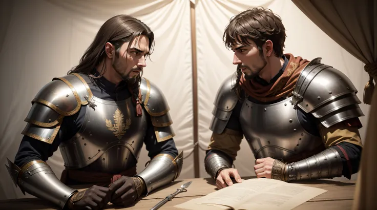 Inside a campaign tent two ancient roman soldiers argue, realistic, laminated metal armor, glorious, epic, detailed