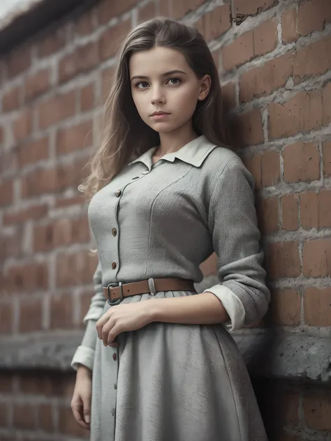 Wide angle shot of Franceska Mann as a  prisoner in Auschwitz camp in 1943. Give the image vintage look, background blurred, focused on the character, hyper-realistic --auto --s2