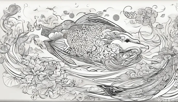 Outstanding art：1.9，Unsigned ink painting of a koi，The body of the carp is based on red，blue colors、black in color、Green decoration is embellished，Enhance the line stroke weight variation of a picture，Very artistic brushstrokes，Each section is orange、White...