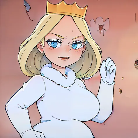 Queen Hilling,
1girl, blonde hair, blue eyes, big breasts, crown, dress, gloves, pointy nose, queen, red victorian dress, white fur tuft, solo, white background, white gloves, mature female, beautiful, perfect anatomy, solo, pregnant
