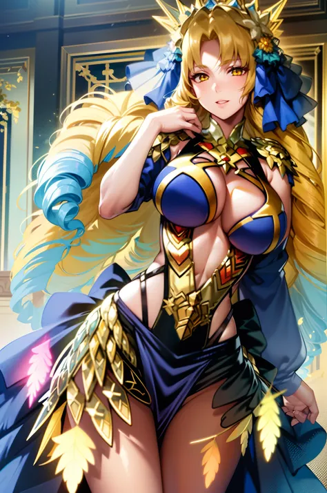 masterpiece, high quality, extremely detailed, 1girl, solo, astraea, huge breasts, drill hair, long hair, blonde hair, gradient hair, yellow eyes, big hair, blue hair, parted lips, hands on own chest, upper body, light smile, garden