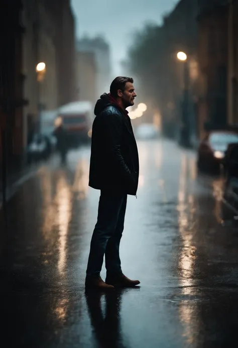 A man stands on a rainy street and growls up to the sky