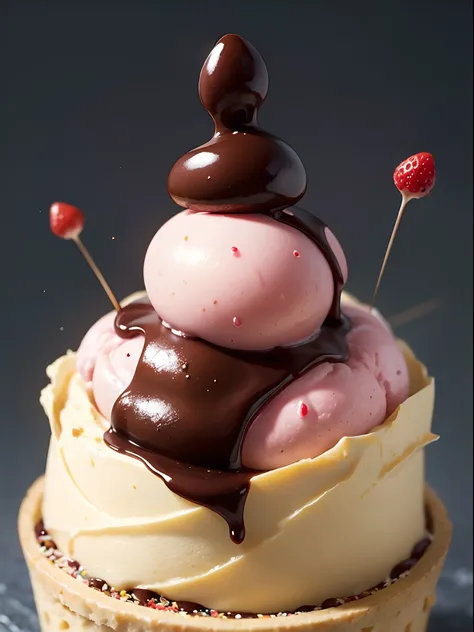 Strawberry ice cream in cone, with sprinkles on toping, chocolate sauce, delicious, simple background, (masterpiece:1.3)