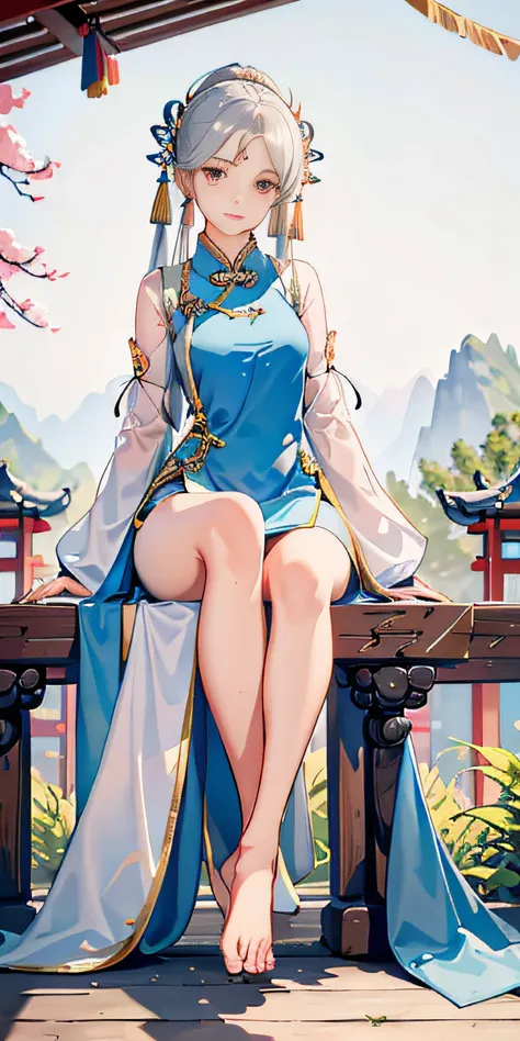 1girll, Wearing a hollow cheongsam，Silver hair：1.4，Single ponytail hairstyle，Sexy body，Bare legged，Barefoot，Toes，Best quality，8K quality，tmasterpiece，palace background，Wallpapers，Rained，Wet hair，pigtails，Clear detail，清晰的线条，电影灯光，professional photoshooting，P...